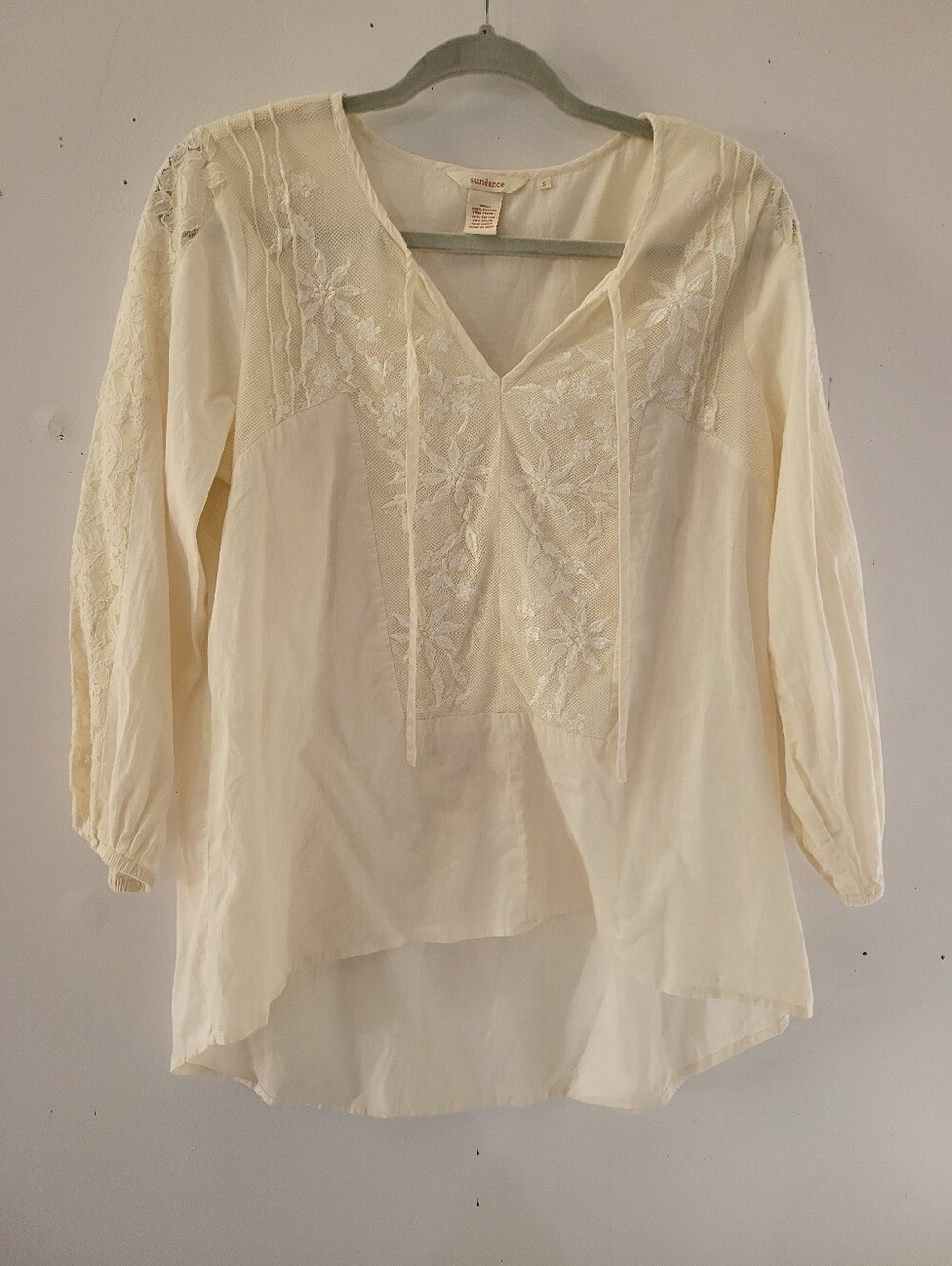Sundance S Cream Embroidered V-Neck Peplum Blouse